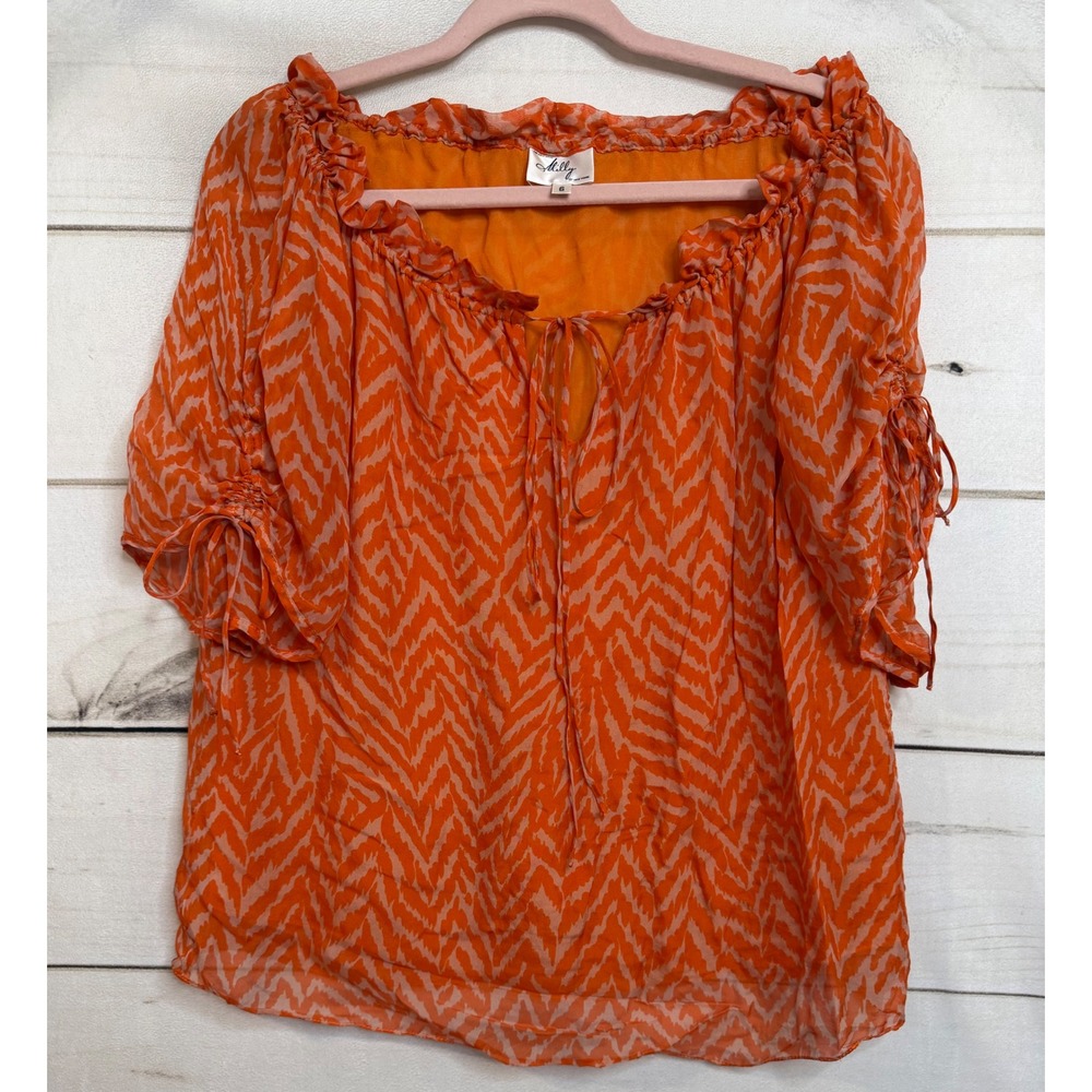 Milly of New York Orange Silk Chevron Print Off Shoulder Blouse Top Size 6